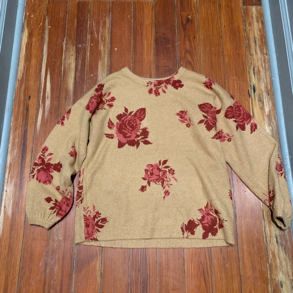 Fall Sweater, Tan with red and pink flowers